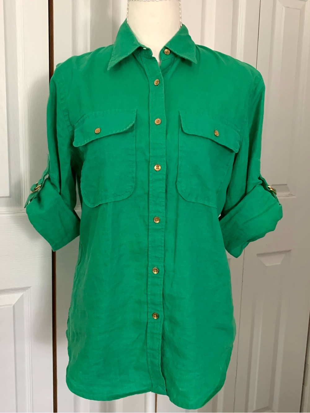 Ralph Lauren Women’s Top 100% Linen Kelly Green Roll Tab Sleeve Gold Logo Sz S